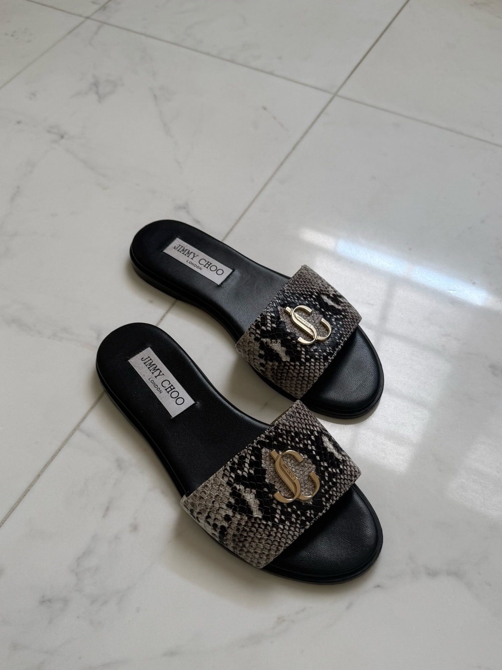 Jimmy Choo Black & Gray Snake-Print Slide Mules with Gold Logo